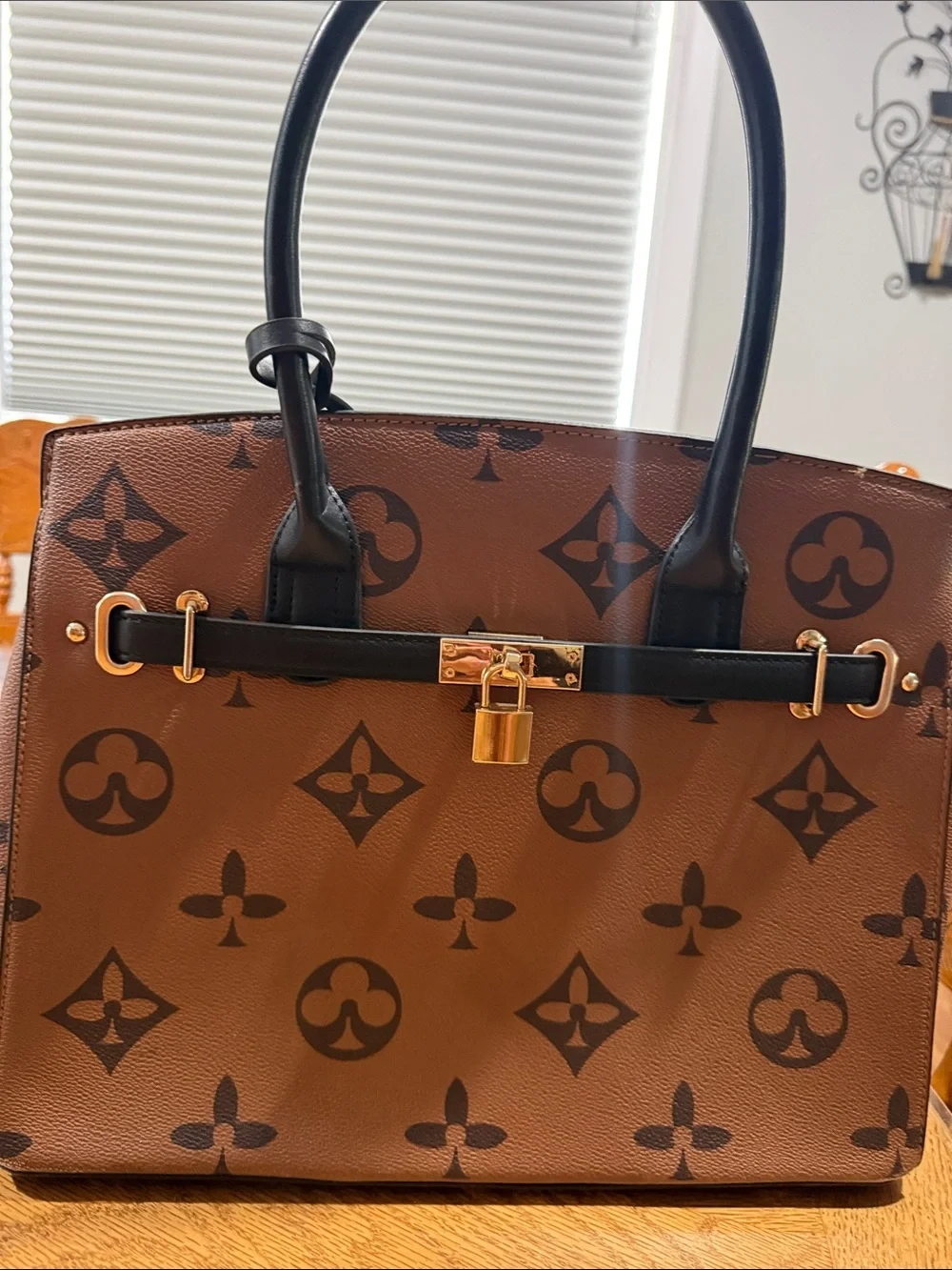 Brown Monogram Tote Handbag with Black Handles